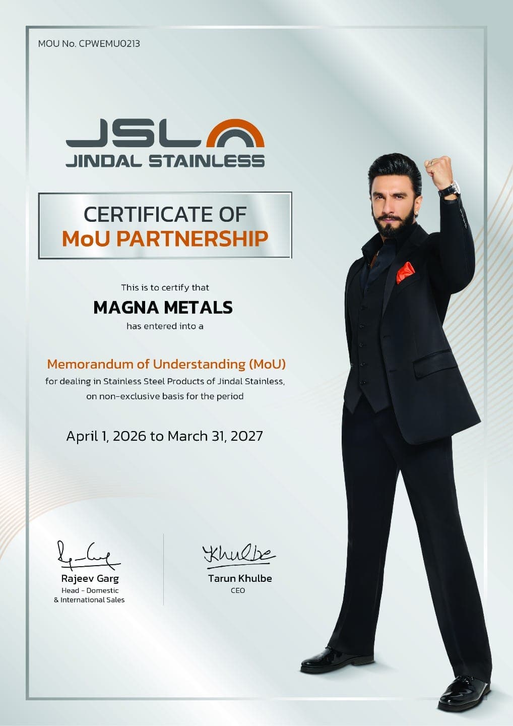 Jindal Stainless Ltd MOU Partnership Certificate — Magna Metals
